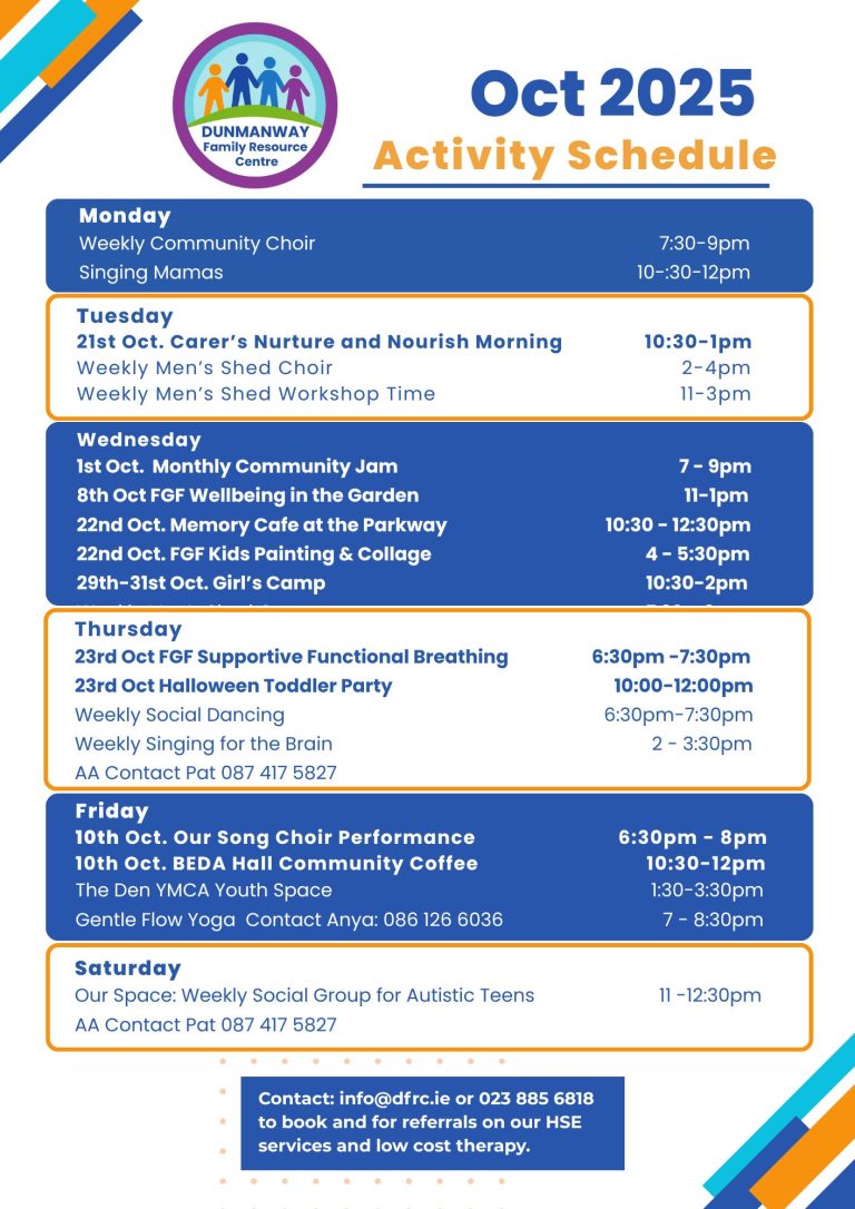 List of activities happening in Dunmanway Family Resource Centre in October 2025